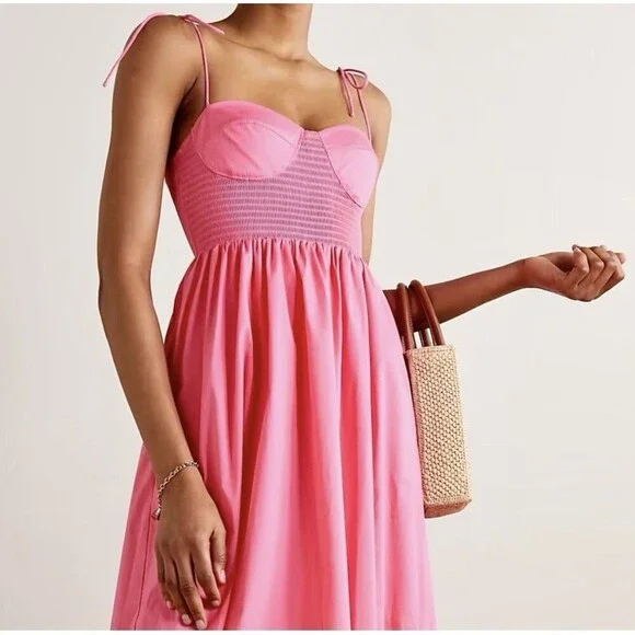 STAUD Landry Shoulder-Tie Smocked Maxi Dress L Wedding Guest Picnic Romantic